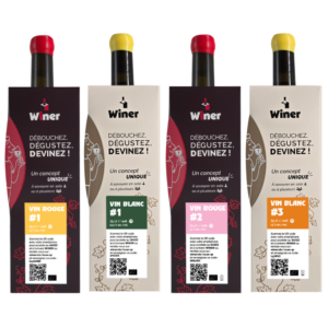 Ensemble Le Quatuor - quatre bouteilles de vin Winer : rouge n°1, blanc n°1, rouge n°2, blanc n°3